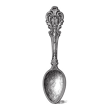 silver spoon ornate woodcut engraving vector illustration
