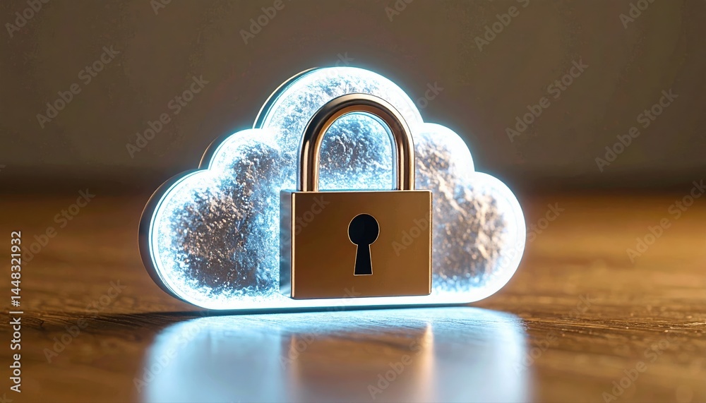 Poster digital cloud storage concept with illuminated cloud icon and padlock symbol representing secure onl
