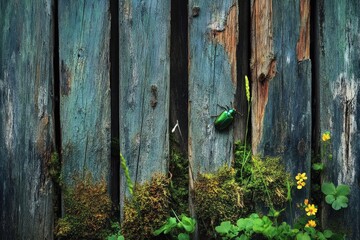 A vibrant green beetle crawls on weathered wooden planks adorned with moss and small yellow flowers, creating a natural, textured scene.