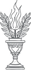 Black and white line art illustration of a classical torch in an ornate vase with leaves and flame