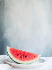 Large slice of watermelon positioned artistically on a white plate against a minimalist background emphasizing simplicity and freshness