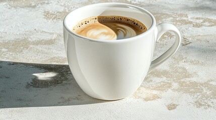 Creamy coffee drink in white mug close up view