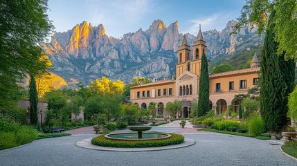 Fototapeta premium Serene monastery nestled in a mountain valley at dawn. Lush gardens surround a beautiful building