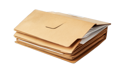 A stack of organized brown paper folders filled with documents resting on a clean surface. showcasing a professional workspace environment ideal for office use and documentation