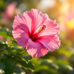 Pink hibiscus flower in bloom macro photography.