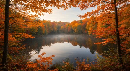 Obraz premium Autumn Lake Scene Orange Foliage and Mist