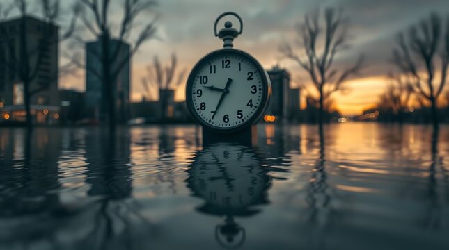 large clock face, flooded urban landscape, reflective water surface, bare trees, blurred city buildings, moody atmosphere, dusk lighting, bokeh effects, surreal scene, time concept, environmental disa