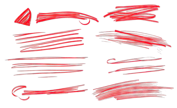 A vibrant collection of hand-drawn red brush strokes on a transparent background. showcasing various shapes and textures. ideal for creative design projects and artistic expressions