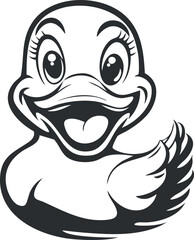 Obraz premium Black and white cartoon illustration of a happy and smiling duck with big eyes and raised wing