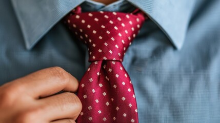 A person adjusting a red patterned necktie while wearing a blue dress shirt.