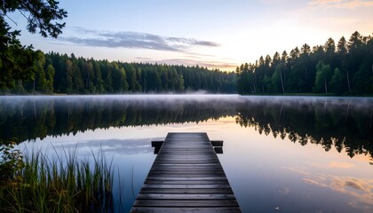 A wooden dock extending into a calm lake reflecting the forest edge
