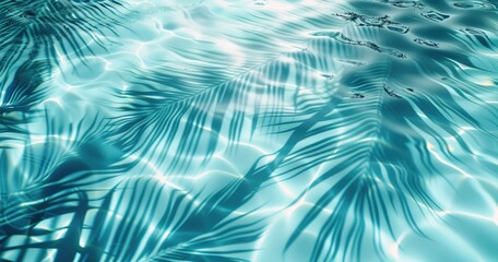 A tranquil pool surface reflecting palm shadows and shimmering light.