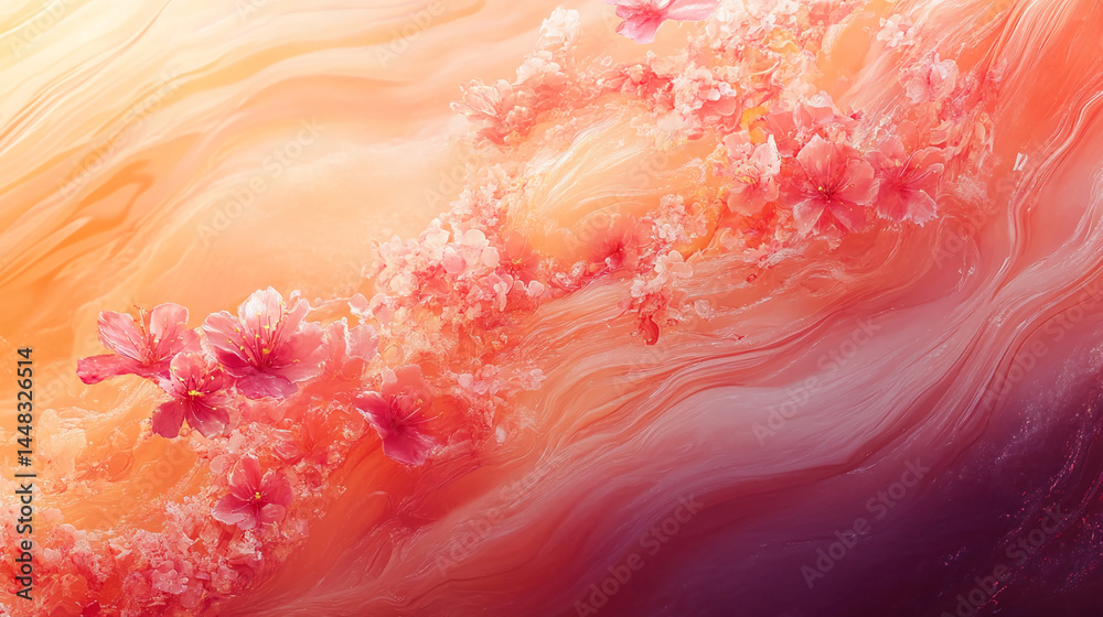Aufkleber abstract image of pink flowers on a swirling, orange-red background, creating a flowing, dreamy aest