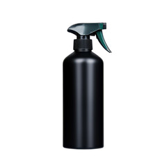 Black plastic spray bottle with trigger for cleaning or dispensing liquids on transparent background