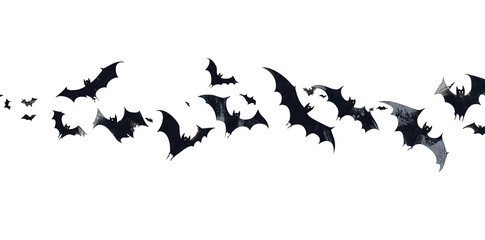 A dynamic flock of bats soaring through a twilight sky. showcasing their silhouette against the fading light. creating a mysterious atmosphere perfect for Halloween themes