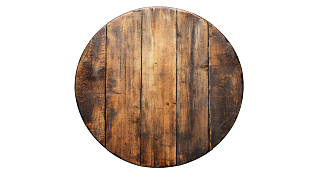 A rustic wooden round table showcasing rich textures and warm tones. set against a plain background. ideal for home decor. dining settings. or furniture catalogs
