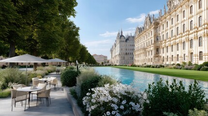 Obraz premium Elegant outdoor patio area alongside a canal, next to a grand palace, bathed in sunlight. Lush landscaping and seating provide a tranquil atmosphere