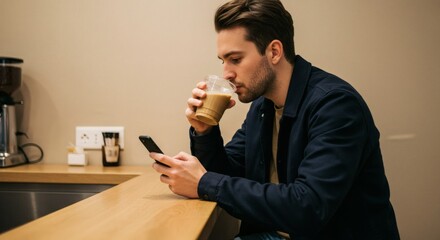 A young man enjoying his coffee and scrolling through his phone at a coffee shop break.