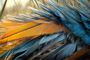 Obraz premium Close-up of vibrant bird feathers in stunning blue and gold hues showcasing intricate details and textures.
