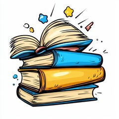 Naklejka premium Colorful Cartoon Illustration of a Stack of Books with Open Pages