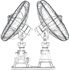 Wireframe illustration of two satellite parabolic dish antennas used for communication and signal transmission