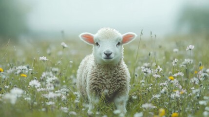 Fototapeta premium Adorable Fluffy Lamb in Spring Wildflower Meadow