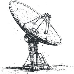 Black and white sketch of a large satellite dish antenna used for communication and signal transmission