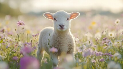 Obraz premium Adorable White Lamb in a Vibrant Wildflower Meadow