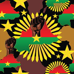 Burkina Faso map with Flag and Star, African Revolution Fist on bright abstract sun rays, vector Seamless Pattern Design 