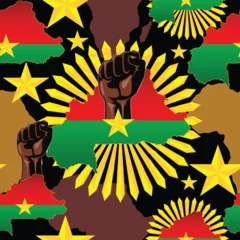 Burkina Faso map with Flag and Star, African Revolution Fist on bright abstract sun rays, vector Seamless Pattern Design 