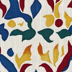 Colorful Floral Textile Pattern on Linen Background