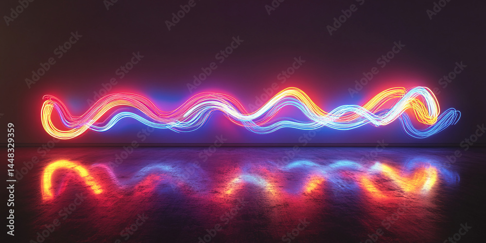 Aufkleber abstract image of vibrant neon light streaks forming wavy lines against a dark background, creating 