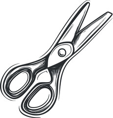 Black and white line drawing of scissors with handles and sharp blades for cutting materials