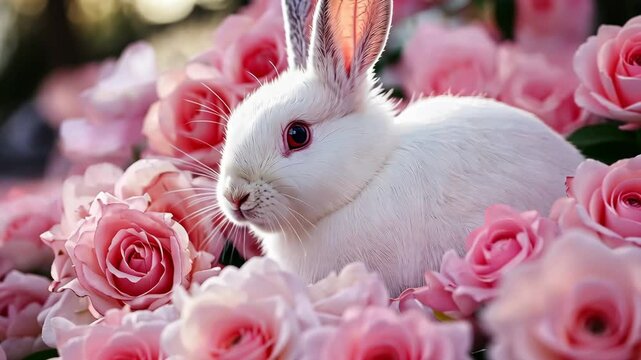 White Bunny Among Pink Roses: A fluffy white rabbit sits amidst a profusion of delicate pink roses, creating a charming and idyllic scene.