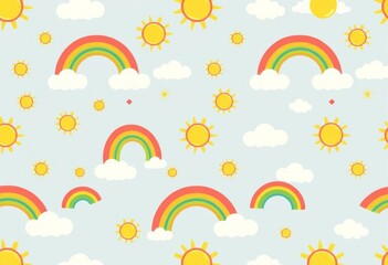Cheerful seamless pattern featuring cute sun, rainbow, and cloud illustrations, kids, whimsical