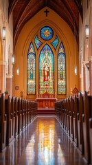 Spacious church interior with stained glass