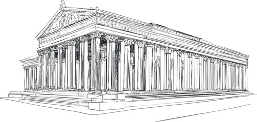 Black and white line drawing of an ancient Greek temple with classical columns and detailed architecture