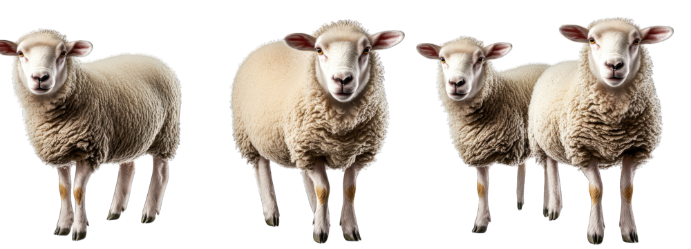 Three fluffy sheep standing together in a lush green pasture. with a bright blue sky in the background. ideal for agricultural or nature-themed projects - Powered by Adobe