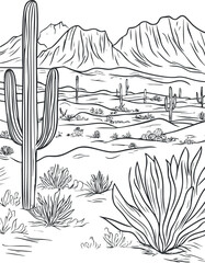 Black and white line art of a desert landscape with cacti, shrubs, and mountains in the background © vadymstock