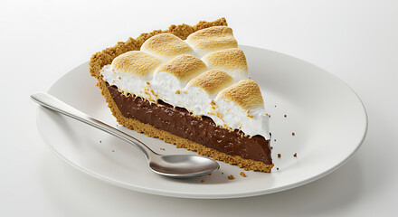 A slice of s&rsquo;mores pie with chocolate filling, marshmallow topping and graham crust, placed on a white plate with a spoon, isolated on white