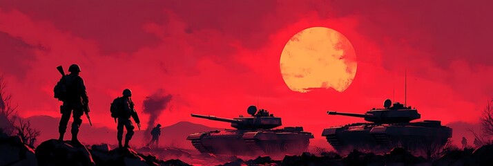 Silhouette of War: A dramatic silhouette showcases soldiers and tanks poised against a fiery sunset, representing the stark realities of conflict. The scene evokes feelings of tension.