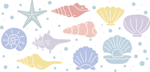 Sea shell, sink cartoon engraving set. Ocean exotic underwater seashell conch aquatic mollusk, sea spiral snail, marine starfish collection. Tropical beach shells aquatic water design illustration
