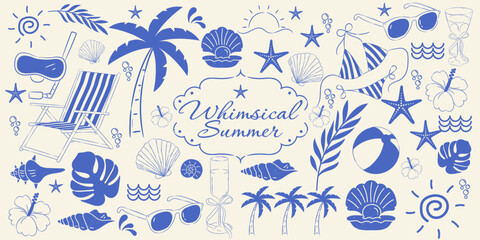 Whimsical summer set of doodle hand drawn objects. Vintage summer symbols. Vacations, tourism, logo, frame, divider, icon.