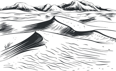 Black and white drawing of desert sand dunes with mountains in the background depicting arid landscape
