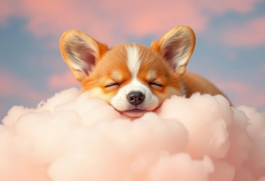 Adorable corgi pup blissfully asleep on a pastel cloud, realistic fur, kawaii sky, cartoon, art