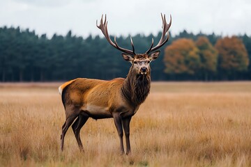 Obraz premium Majestic Red Deer Stag: A powerful red deer stag with a magnificent set of antlers stands proudly in a golden autumnal field, a breathtaking scene of wildlife majesty. 