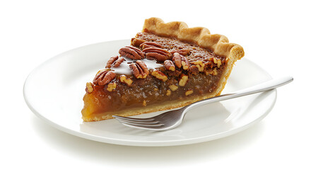 A slice of maple pecan pie with thick maple syrup glaze and toasted pecans, served on a white plate with a fork beside it, white background