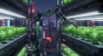 Fototapeta premium Futuristic Vertical Farm: Robotic Automation in Urban Agriculture, Night Cityscape