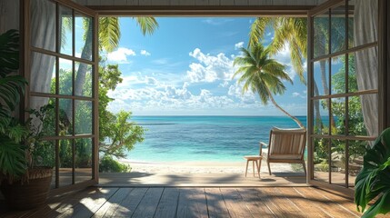 Obraz premium Serene Beach View Through Open Wooden Doors
