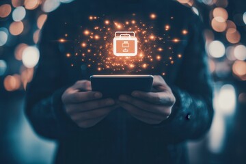 Person using smartphone with glowing briefcase icon, surrounded by bokeh lights at night